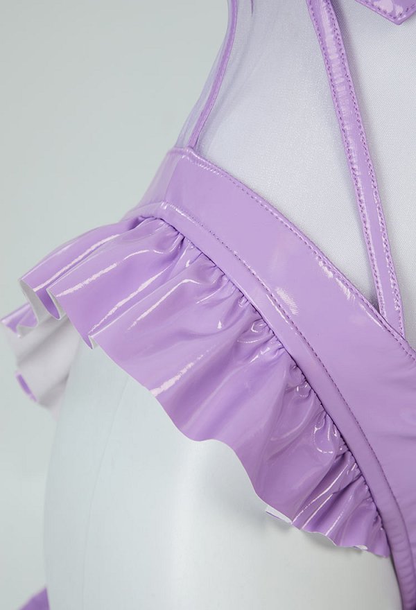 Body de lencería sexy PM Derivative Body ajustado de cuero brillante con cuello y diadema