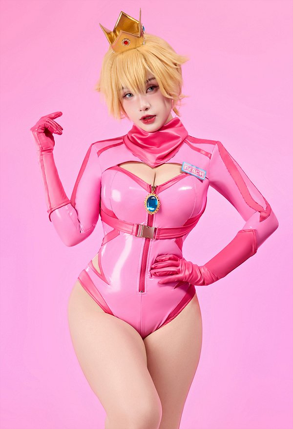 Sexy Peach Princess Derivative Lingerie Dessous Set Rennanzug Gestreiftem Cut Out mit Kronen Handschuhe
