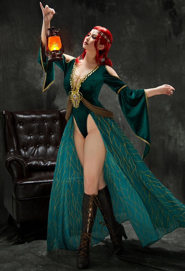Triss Derivative Sexy Lingerie Bodysuit Green Medieval Style Deep V Bodysuit with Headpiece