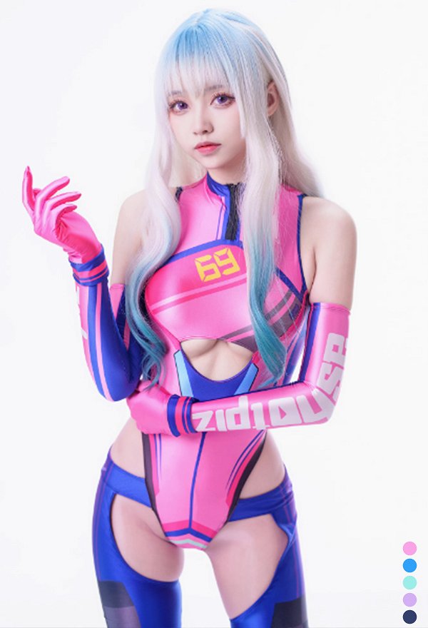 Traje de baño de una pieza brillante con estampado de rayas estilo motociclista para chica de carreras