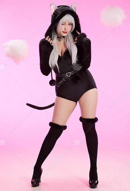 Body Kawaii con Capucha Sexy Lencería Bodycon de Peluche con Cinturón de Cola