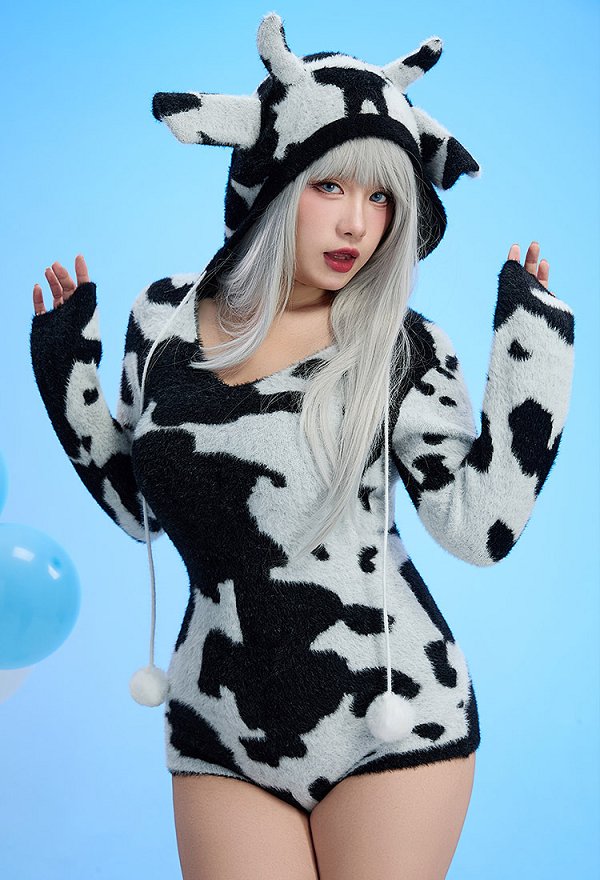 Sexy Lingerie Fluffy Homewear Bodycon Romper Black and White Cow Pattern Hooded Bodysuit
