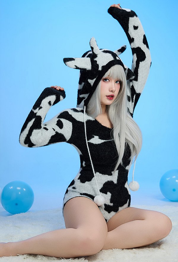 Sexy Lingerie Fluffy Homewear Bodycon Romper Black and White Cow Pattern Hooded Bodysuit