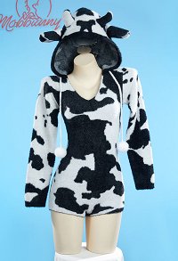 Sexy Lingerie Fluffy Homewear Bodycon Romper Black and White Cow Pattern Hooded Bodysuit