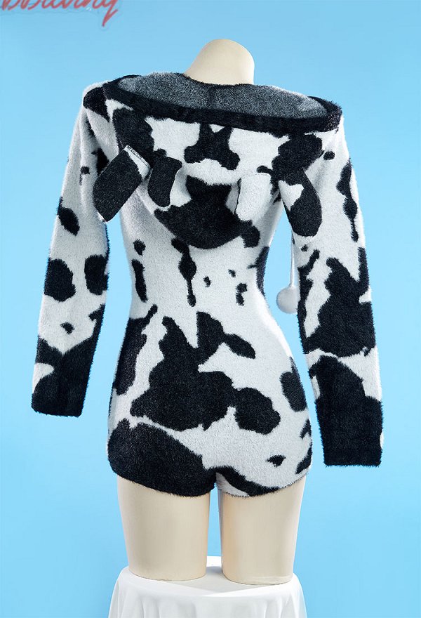 Sexy Lingerie Fluffy Homewear Bodycon Romper Black and White Cow Pattern Hooded Bodysuit