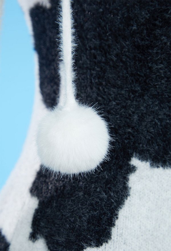 Sexy Lingerie Fluffy Homewear Bodycon Romper Black and White Cow Pattern Hooded Bodysuit