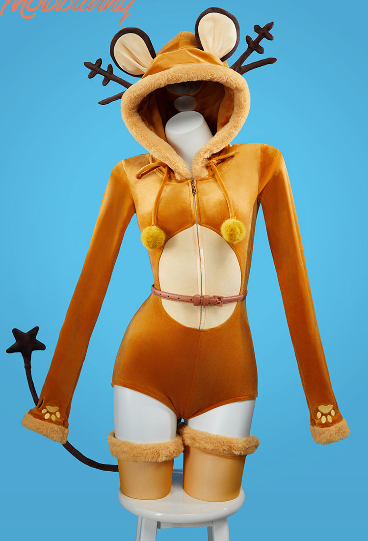 PM Derivado Sexy Linngerie Peluche Bodycon Romper Kawaii Body con capucha y cinturón de cola