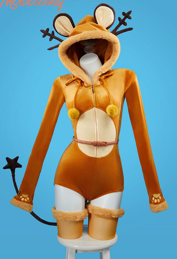 PM Derivado Sexy Linngerie Peluche Bodycon Romper Kawaii Body con capucha y cinturón de cola