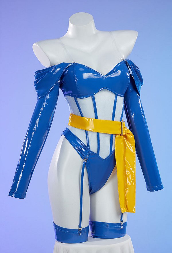 Hitomi Kisugi Derivative Sexy Lingerie Set Off Shoulder See Through Bodysuit with Belt and Stockings