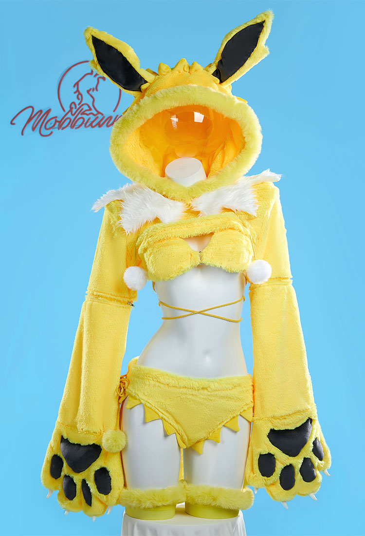 PM Derivative Bikini Furry Paw Yellow Sexy Lingerie Set Kawaii Plush Paw Guantes Sudadera con Capucha y Sujetador Braguitas