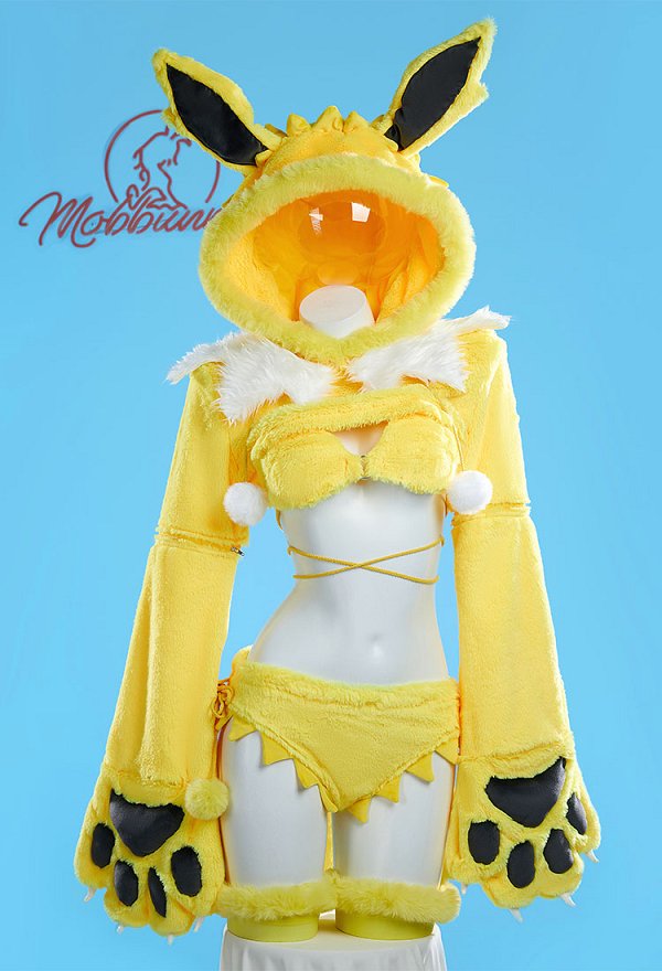 PM Derivative Bikini Furry Paw Yellow Sexy Lingerie Set Kawaii Plush Paw Guantes Sudadera con Capucha y Sujetador Braguitas