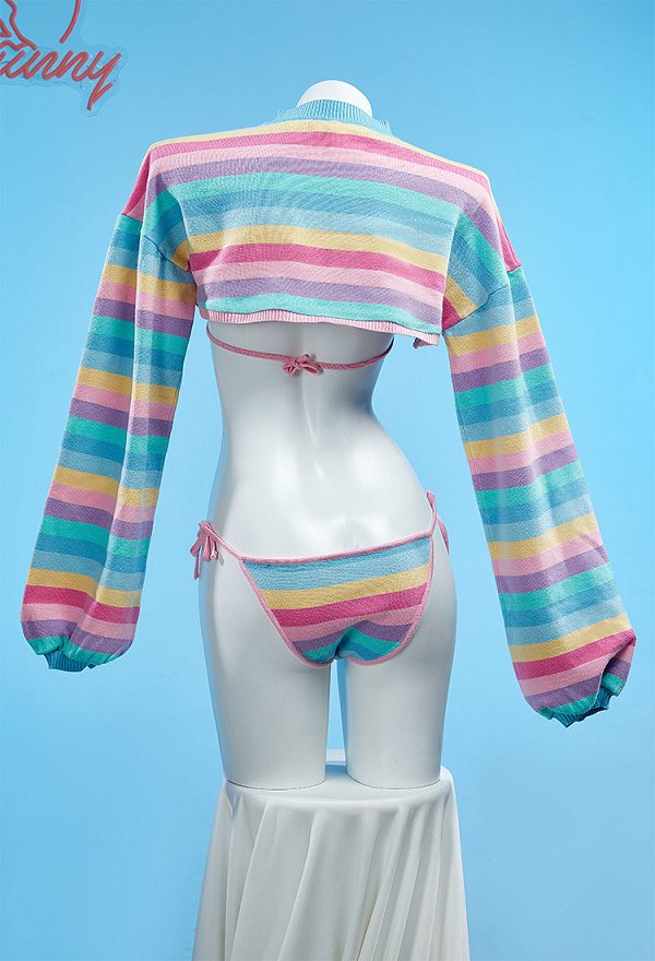 Knitted Sexy Lingerie Set Kawaii Rainbow Stripe Crop Top with Bikini Bra Thong Set