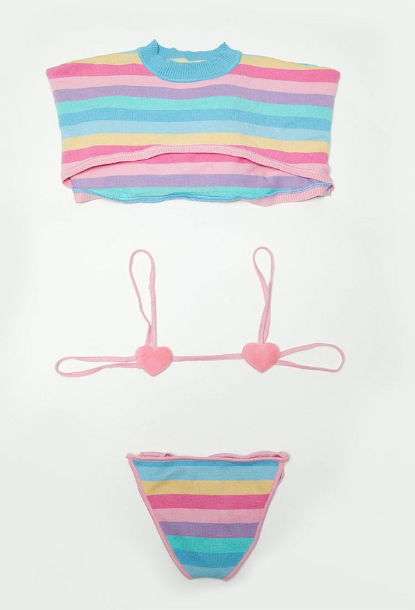 Knitted Sexy Lingerie Set Kawaii Rainbow Stripe Crop Top with Bikini Bra Thong Set