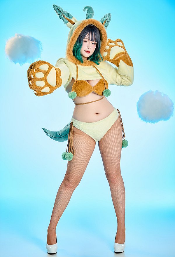 PM Derivative Gelbbraun Bikini Sexy Cosplay Dessous Set Kawaii Homewear Lingerie Hoodie BH Höschen mit Netzstrumpf
