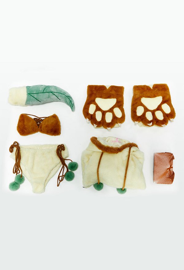 PM Derivative Gelbbraun Bikini Sexy Cosplay Dessous Set Kawaii Homewear Lingerie Hoodie BH Höschen mit Netzstrumpf