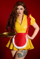 Lencería Sexy Maid Uniforme Conjunto Vestido Amarillo con Delantal Rojo y Sombrero