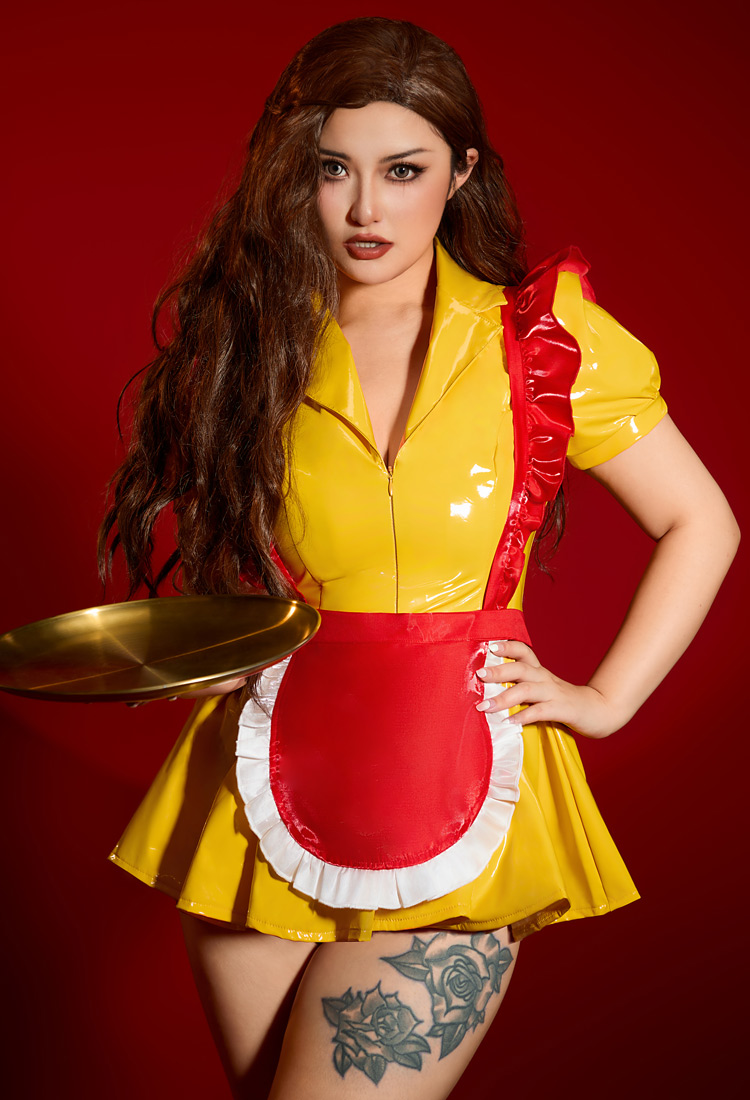 Sexy Lingerie Maid Uniform Ensemble Robe jaune avec tablier rouge