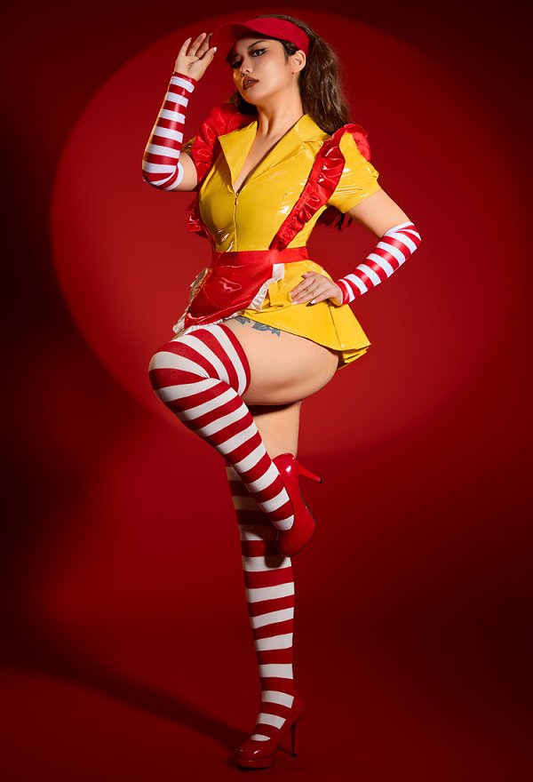 Sexy Lingerie Maid Uniform Set Waitress Yellow Dress with Red Apron and Hat
