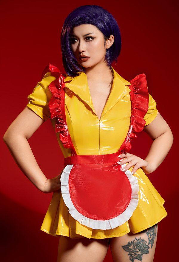 Sexy Lingerie Maid Uniform Set Waitress Yellow Dress with Red Apron and Hat