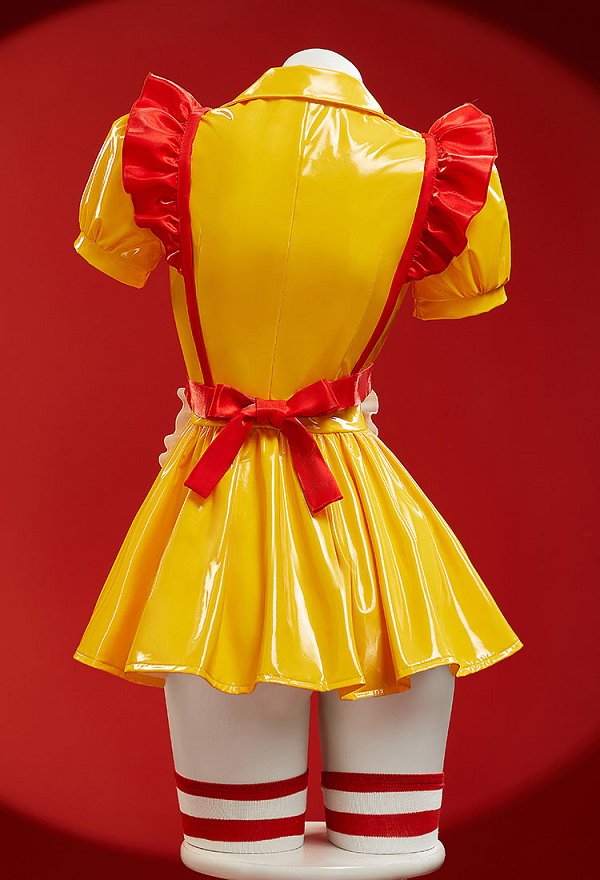 Sexy Lingerie Maid Uniform Set Waitress Yellow Dress with Red Apron and Hat