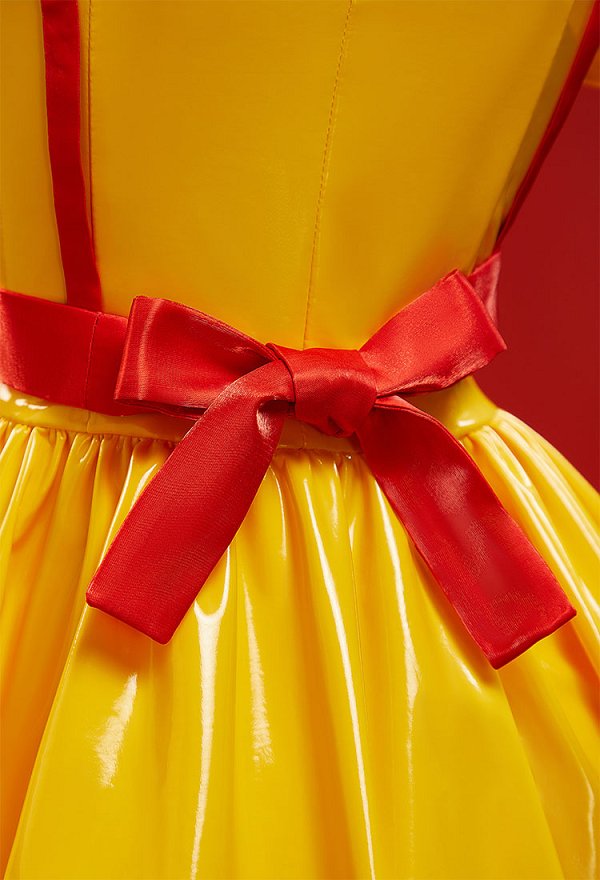 Sexy Lingerie Maid Uniform Set Waitress Yellow Dress with Red Apron and Hat