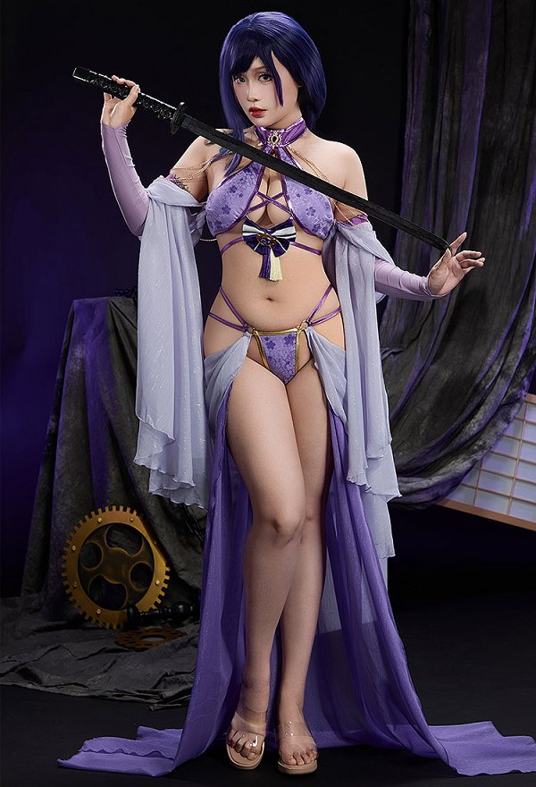 Genshin Impacto Raiden Shogun Derivado Sexy Bailarina Estilo Lencería Conjunto Top Hueco Cruzado con Falda Panty y Mangas