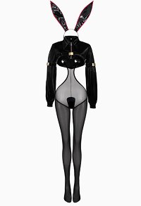 Sexy Dessous Lingerie Bunny Girl Schwarzes Set Transparenter Hohlbodysuit mit kKurz Oberteil Tanga