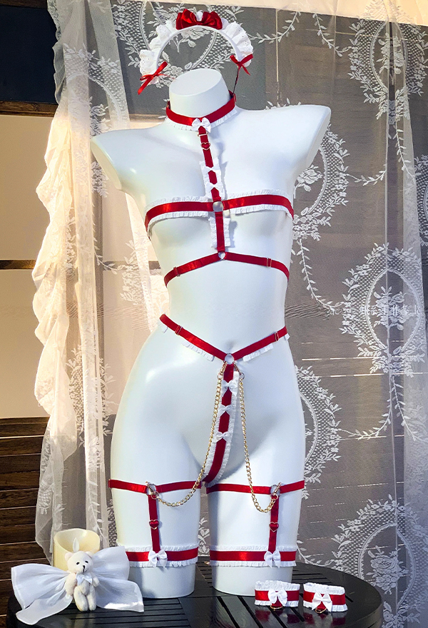Ensemble de lingerie sexy servante ourson rouge vin, robe transparente avec tablier et sangle de bondage en dentelle