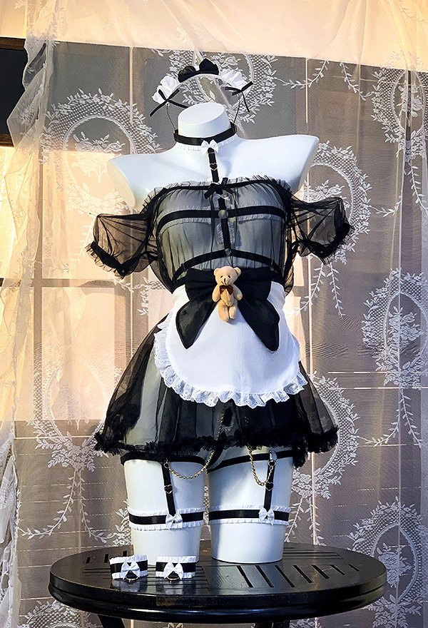 Oso Negro Maid Sexy Lencería Set Sheer Vestido con Delantal y Encaje Bondage Correa Set Oso Negro Maid Sexy Lencería Set Sheer Vestido con Delantal y Encaje Bondage Correa Set