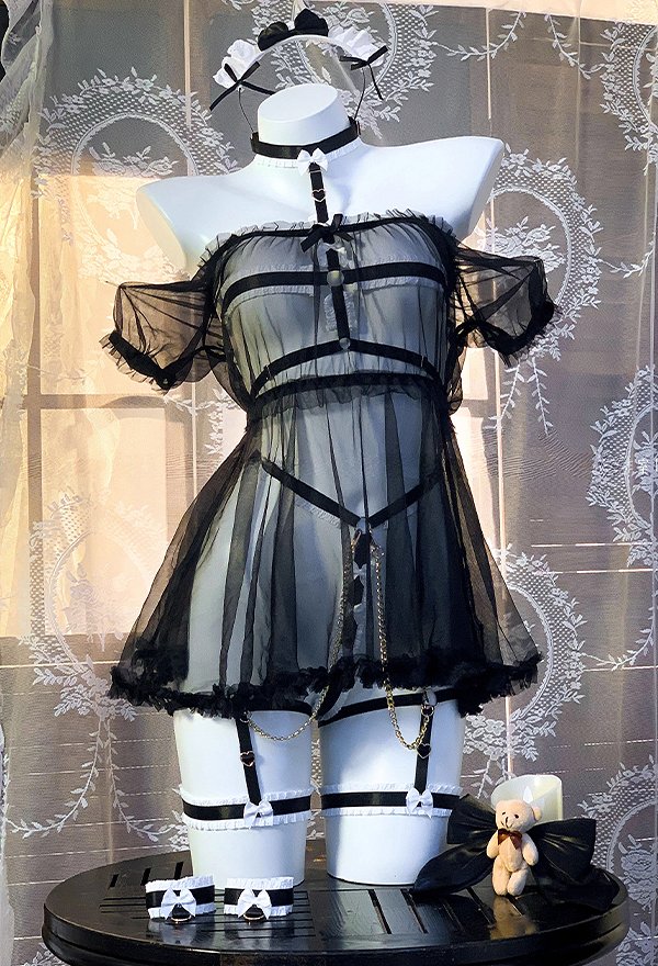 Oso Negro Maid Sexy Lencería Set Sheer Vestido con Delantal y Encaje Bondage Correa Set Oso Negro Maid Sexy Lencería Set Sheer Vestido con Delantal y Encaje Bondage Correa Set