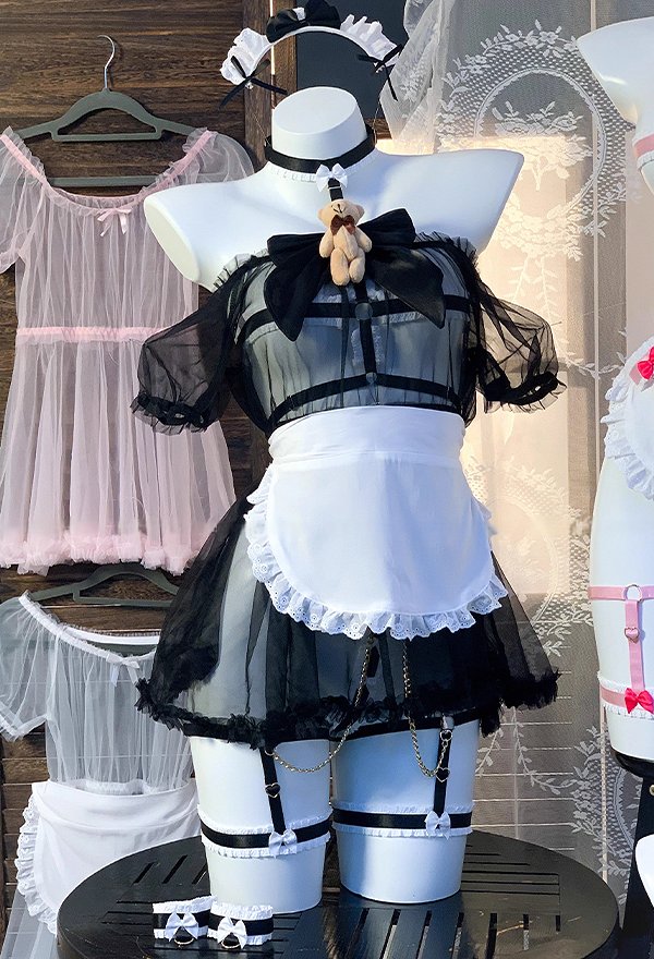 Oso Negro Maid Sexy Lencería Set Sheer Vestido con Delantal y Encaje Bondage Correa Set Oso Negro Maid Sexy Lencería Set Sheer Vestido con Delantal y Encaje Bondage Correa Set