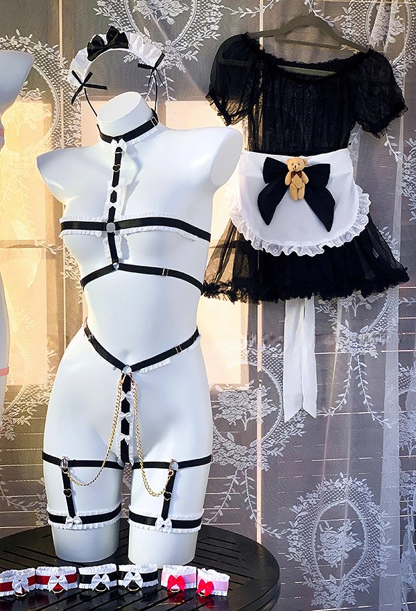 Oso Negro Maid Sexy Lencería Set Sheer Vestido con Delantal y Encaje Bondage Correa Set Oso Negro Maid Sexy Lencería Set Sheer Vestido con Delantal y Encaje Bondage Correa Set