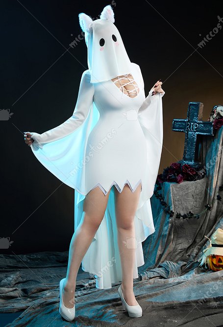 Sexy Geister Dessous Halloween Kostüm Lingerie Unregelmäßiges Kleid mit Strümpfen Ohren