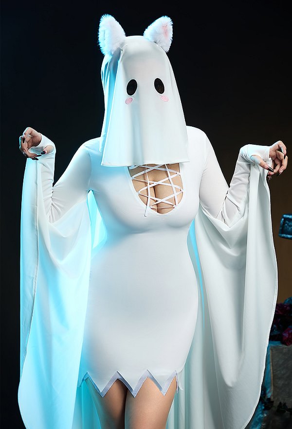 Sexy Ghost Lingerie Halloween Costume Irregular Dress with Stockings and Ears