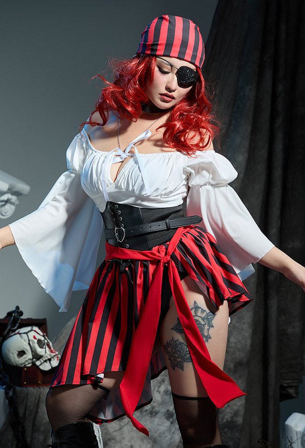 Sexy Frauen Piraten Lingerie Dessous Outfit Schulterfreies Oberteil Rock mit Taillengürtel Augenmaske