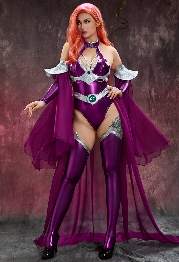 Super Heroine Titans Starfire Dérivé Sexy  Robe Danseuse Ensemble  Combinaison à dos nu avec jupe et manches en gaze