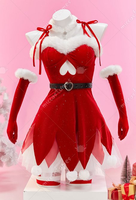Sexy Conjunto erótico de felpa de elfa navideño: vestido asimétrico rojo y blanco con gorro y enagua