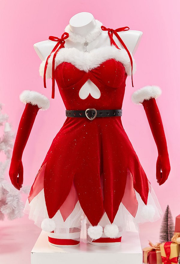 Christmas Noël Elfe Sexy Cosplay Ensemble en peluche Robe irrégulière rouge et blanche avec chapeau et jupon