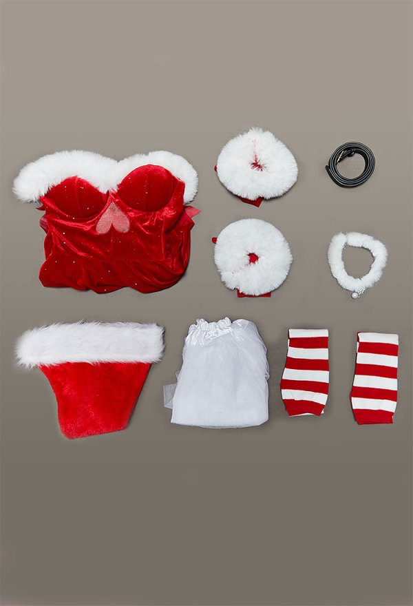Christmas Noël Elfe Sexy Cosplay Ensemble en peluche Robe irrégulière rouge et blanche avec chapeau et jupon