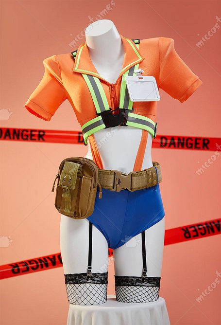 Construction Ouvrière Gender Swap Sexy Cosplay Ensemble Fluorescent Combinaison coloré avec culotte et bas en maille