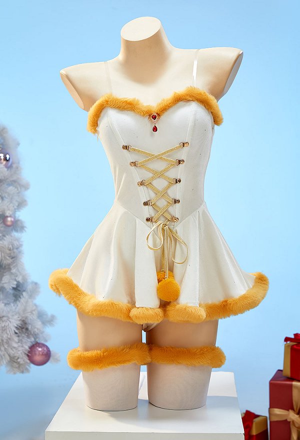 Inspirado en Friren Sexy Conjunto navideño invernal: body de hombros al aire con capa y medias