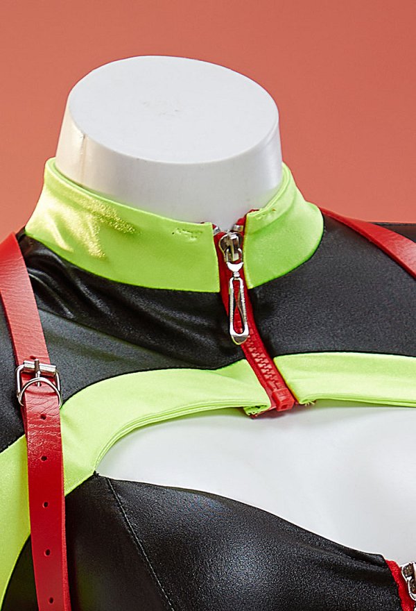 Conjunto sexy de cosplay para bomberos con cambio de género Bodysuit con bloques de color negro y verde