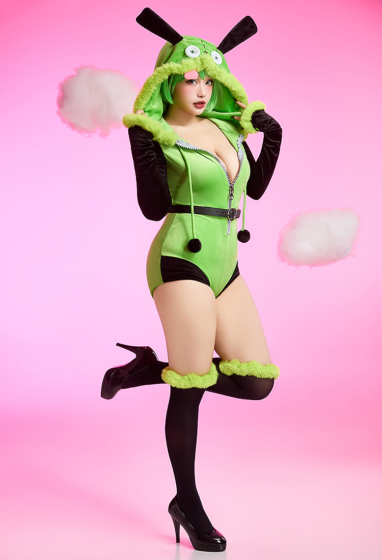 Zim Derivative Sexy Cosplay Plüsch Bodysuit Homewear Grüner und schwarzer Strampler mit Gürtel und Socken