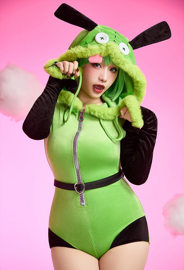 Inspirado en Invader Zim Cosplay Pijama erótico de peluche: Sexy body verde y negro con cinturón y medias Inspirado en Invader Zim Cosplay Pijama erótico de peluche: Sexy body verde y negro con cinturón y medias