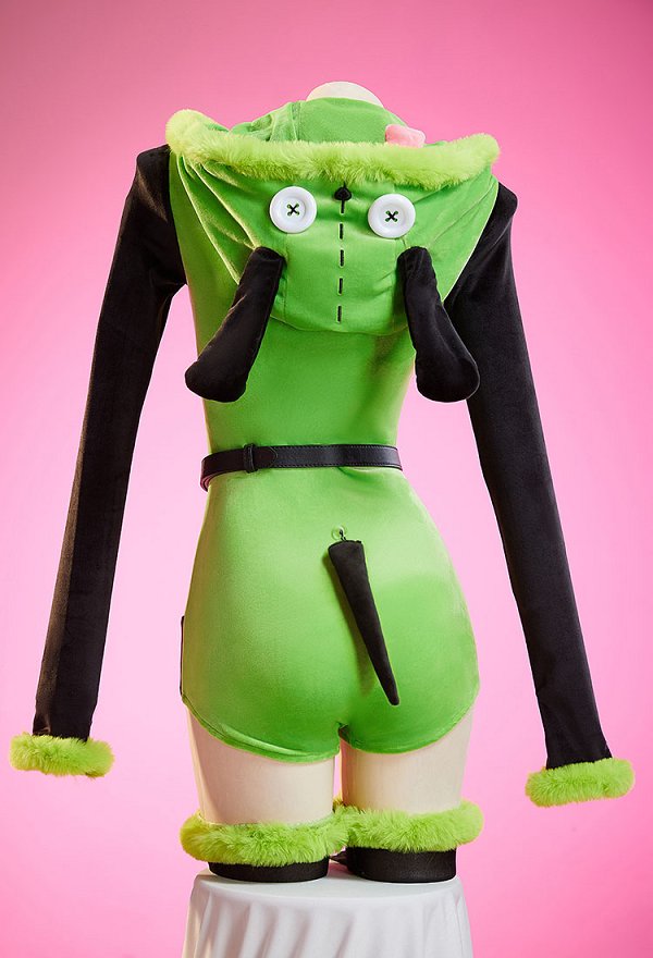 Inspirado en Invader Zim Cosplay Pijama erótico de peluche: Sexy body verde y negro con cinturón y medias Inspirado en Invader Zim Cosplay Pijama erótico de peluche: Sexy body verde y negro con cinturón y medias