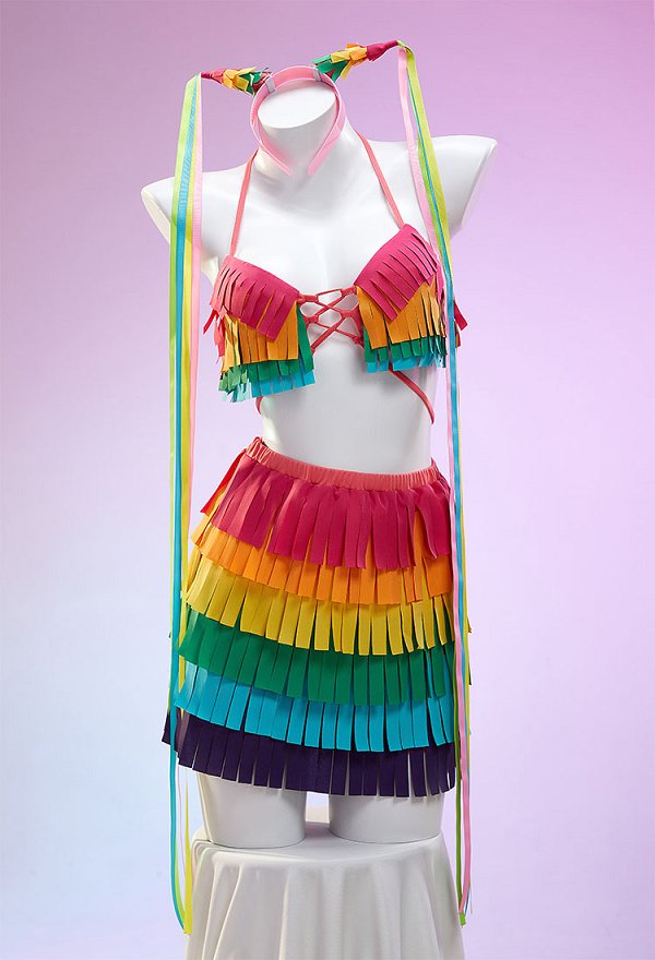 Mexican Piñata Theme Sexy Colorful Fringe Lingerie Costume Set Layered Fringe Top and Skirt with Hand Sleeves and Headpiece