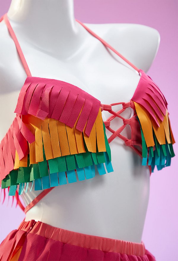 Mexican Piñata Theme Sexy Colorful Fringe Lingerie Costume Set Layered Fringe Top and Skirt with Hand Sleeves and Headpiece