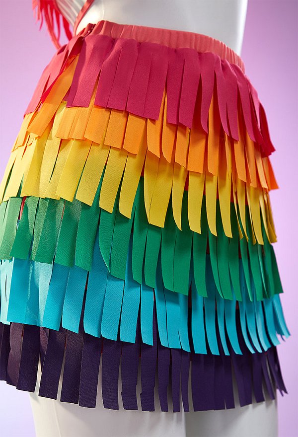 Mexican Piñata Theme Sexy Colorful Fringe Lingerie Costume Set Layered Fringe Top and Skirt with Hand Sleeves and Headpiece