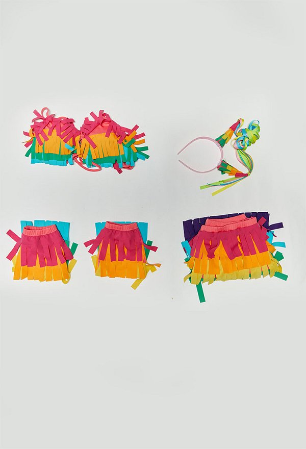 Mexican Piñata Theme Sexy Colorful Fringe Lingerie Costume Set Layered Fringe Top and Skirt with Hand Sleeves and Headpiece