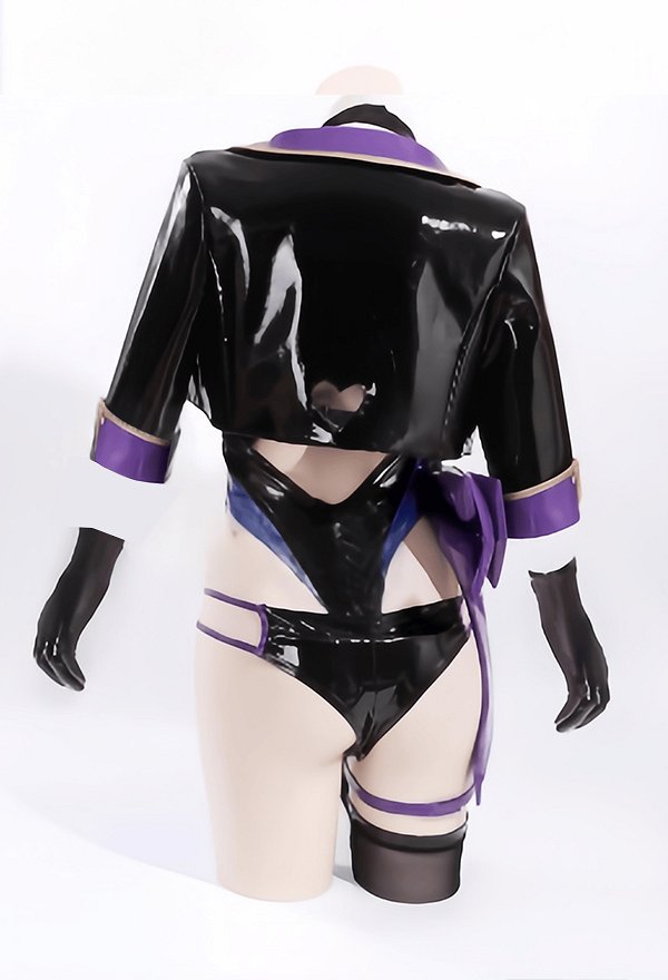 Unholy Heart Sexy Lingerie Set Spliced Blue and Purple Hollow Out Bodysuit with Short Jacket and Hat